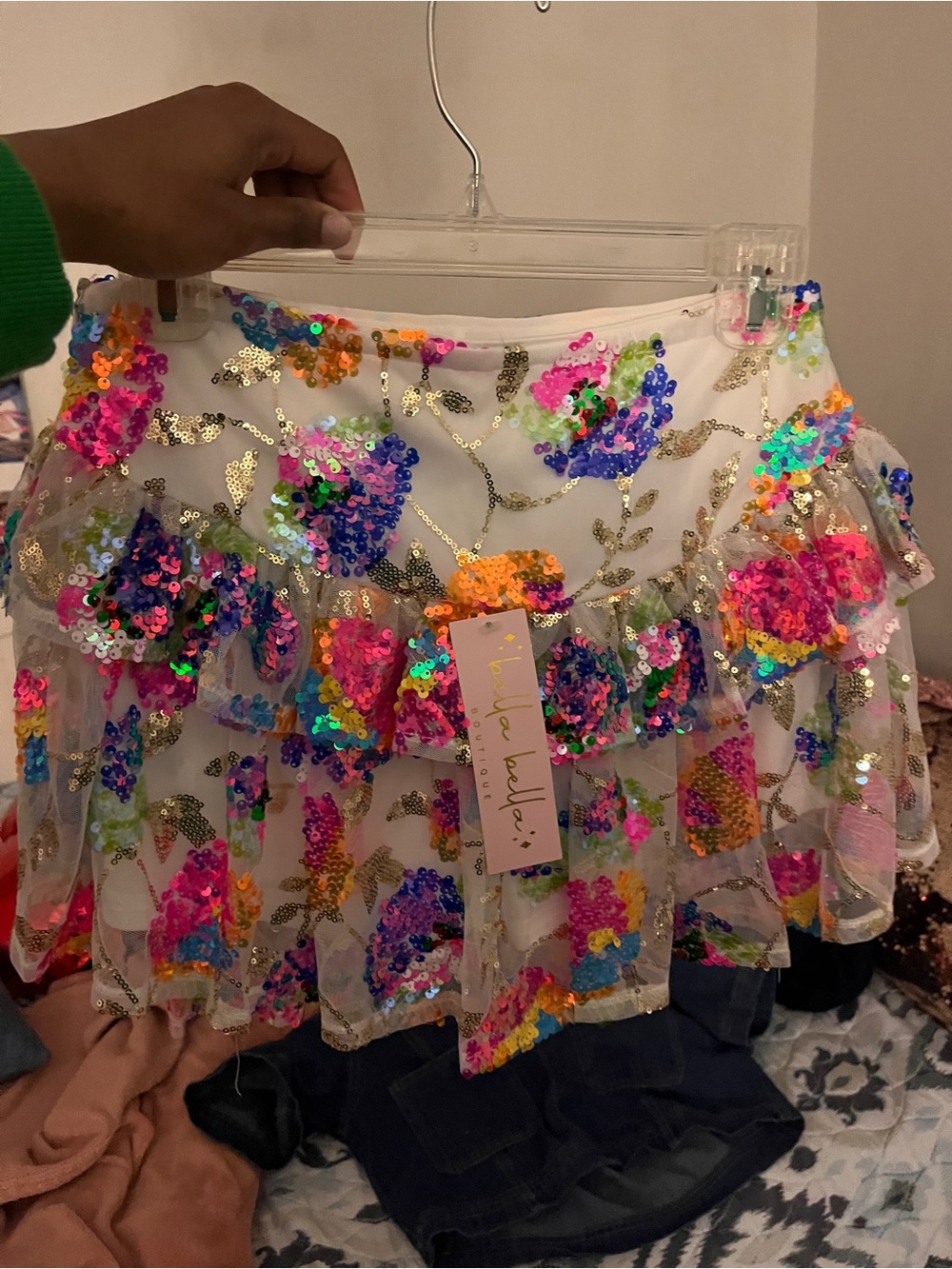 White Floral Sequin Mini Skirt with Multicolor Embellishments
